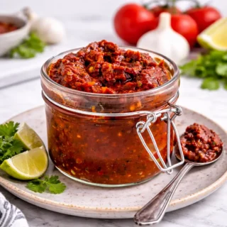 Hello Fresh Tex Mex Paste copycat recipe in a glass jar with tomato paste, chipotle peppers, garlic, and spices.