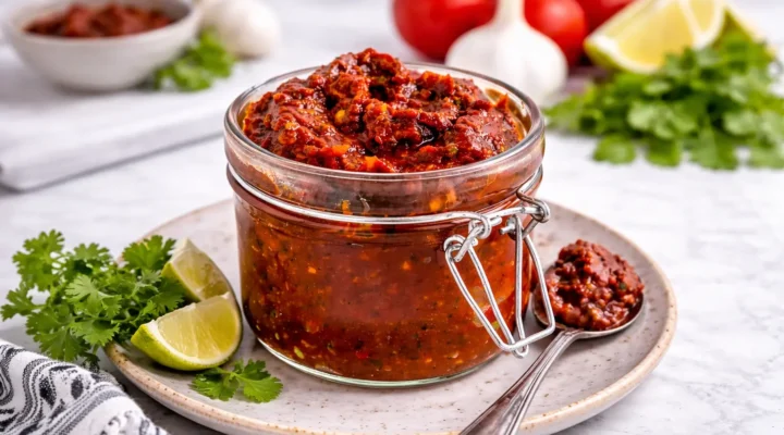 Hello Fresh Tex Mex Paste copycat recipe in a glass jar with tomato paste, chipotle peppers, garlic, and spices.