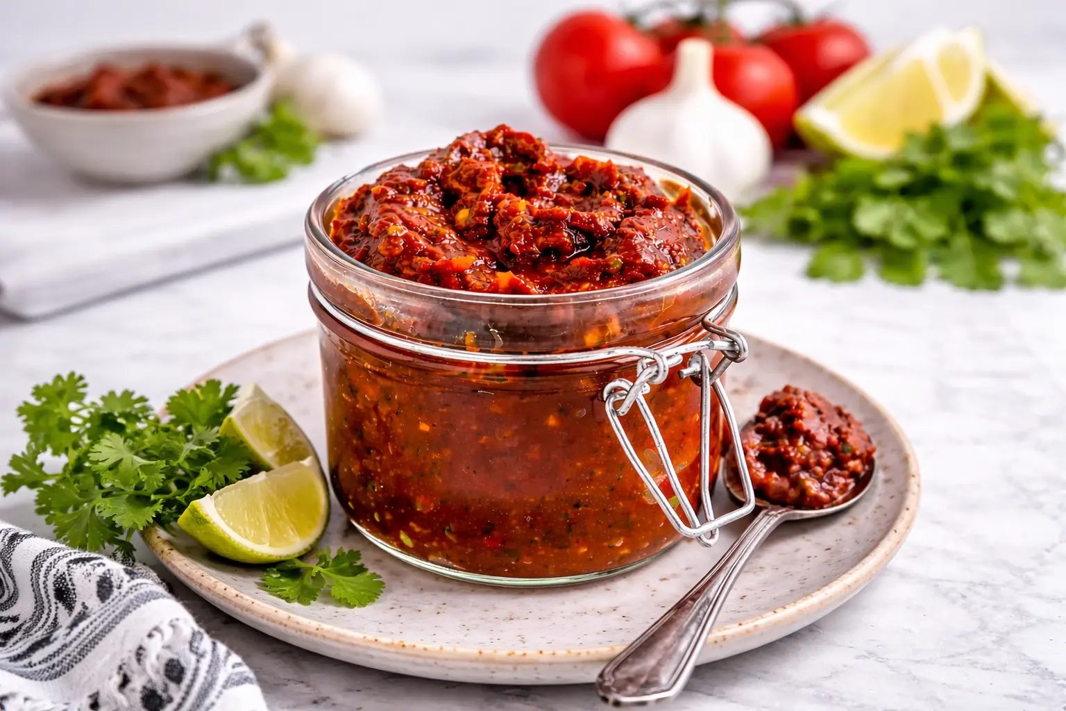 Hello Fresh Tex Mex Paste copycat recipe in a glass jar with tomato paste, chipotle peppers, garlic, and spices.