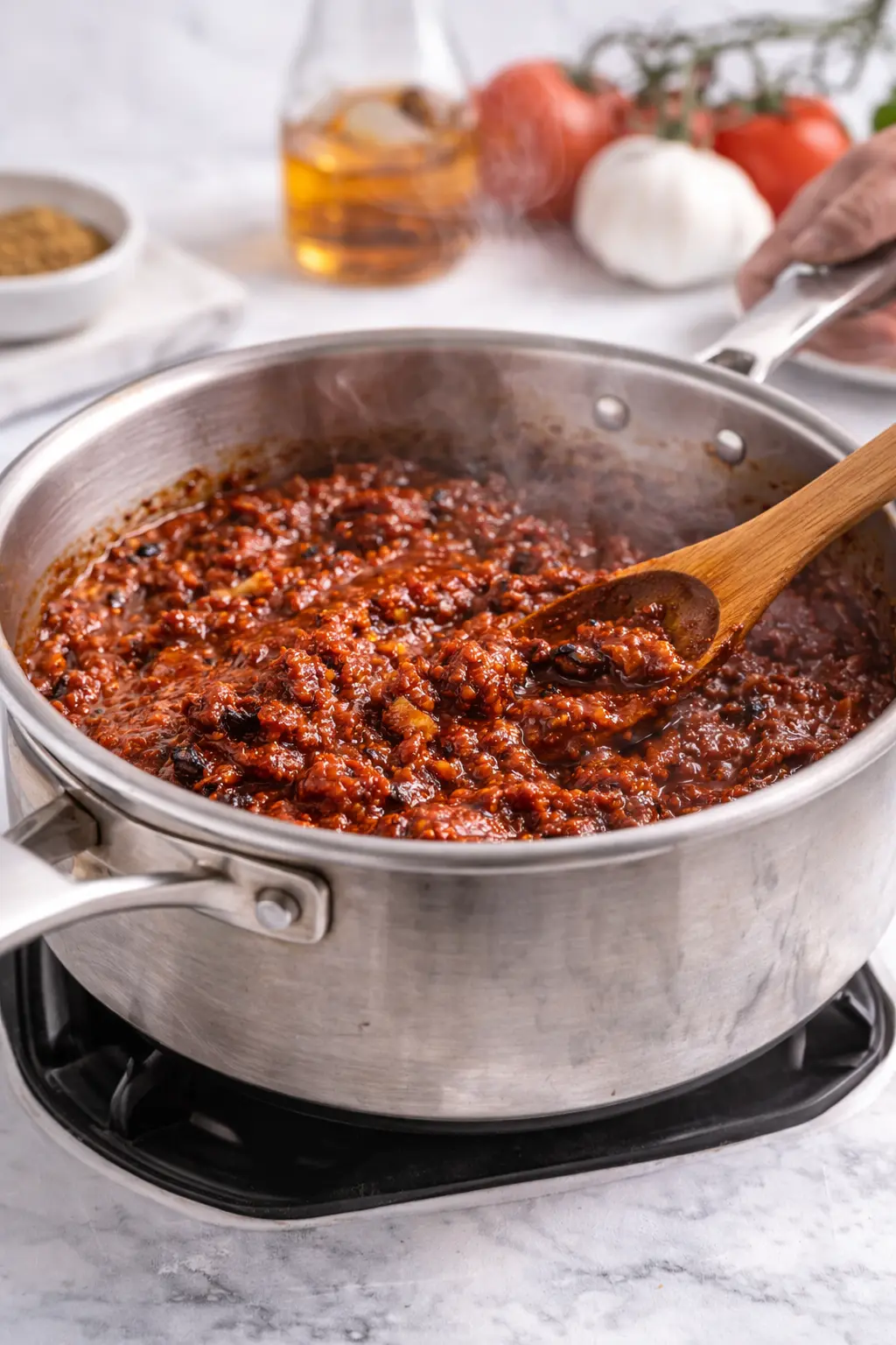 Hello Fresh Tex Mex Paste copycat recipe simmering in a pan with tomato paste, chipotle peppers, garlic, and spices