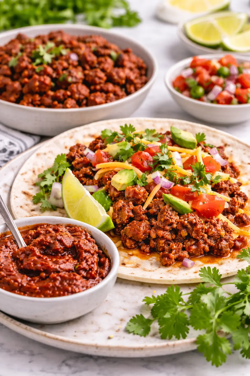 Hello Fresh Tex Mex Paste copycat recipe used in tacos with seasoned meat, avocado, salsa, and fresh cilantro.