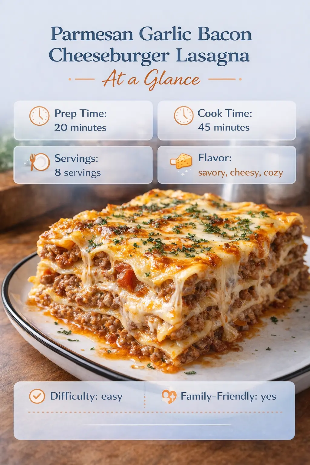 Parmesan Garlic Bacon Cheeseburger Lasagna 1 Parmesan garlic bacon cheeseburger lasagna recipe overview with prep time, cook time, servings, and flavor profile