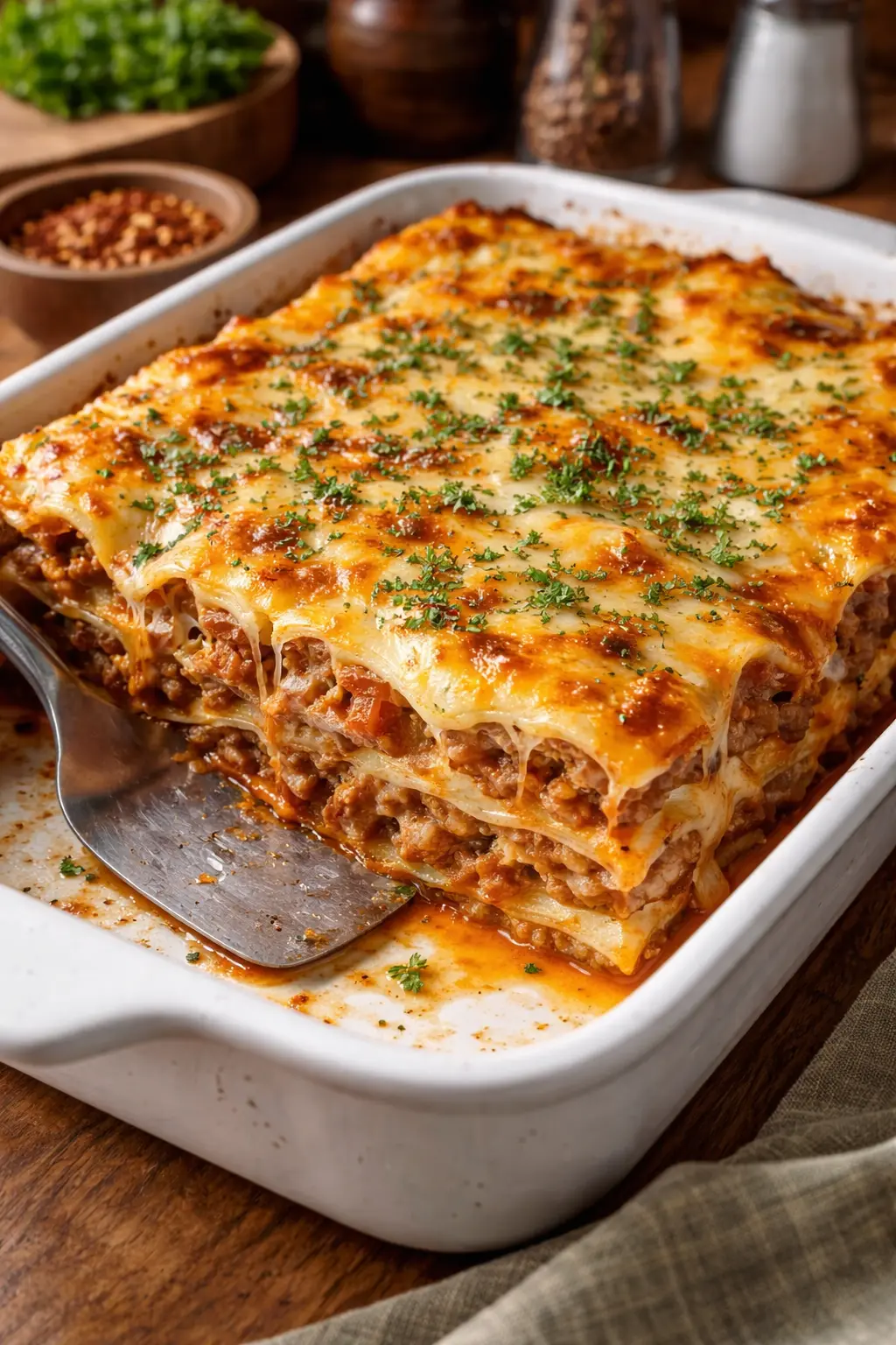 Parmesan Garlic Bacon Cheeseburger Lasagna 4 Parmesan garlic bacon cheeseburger lasagna resting before slicing in baking dish