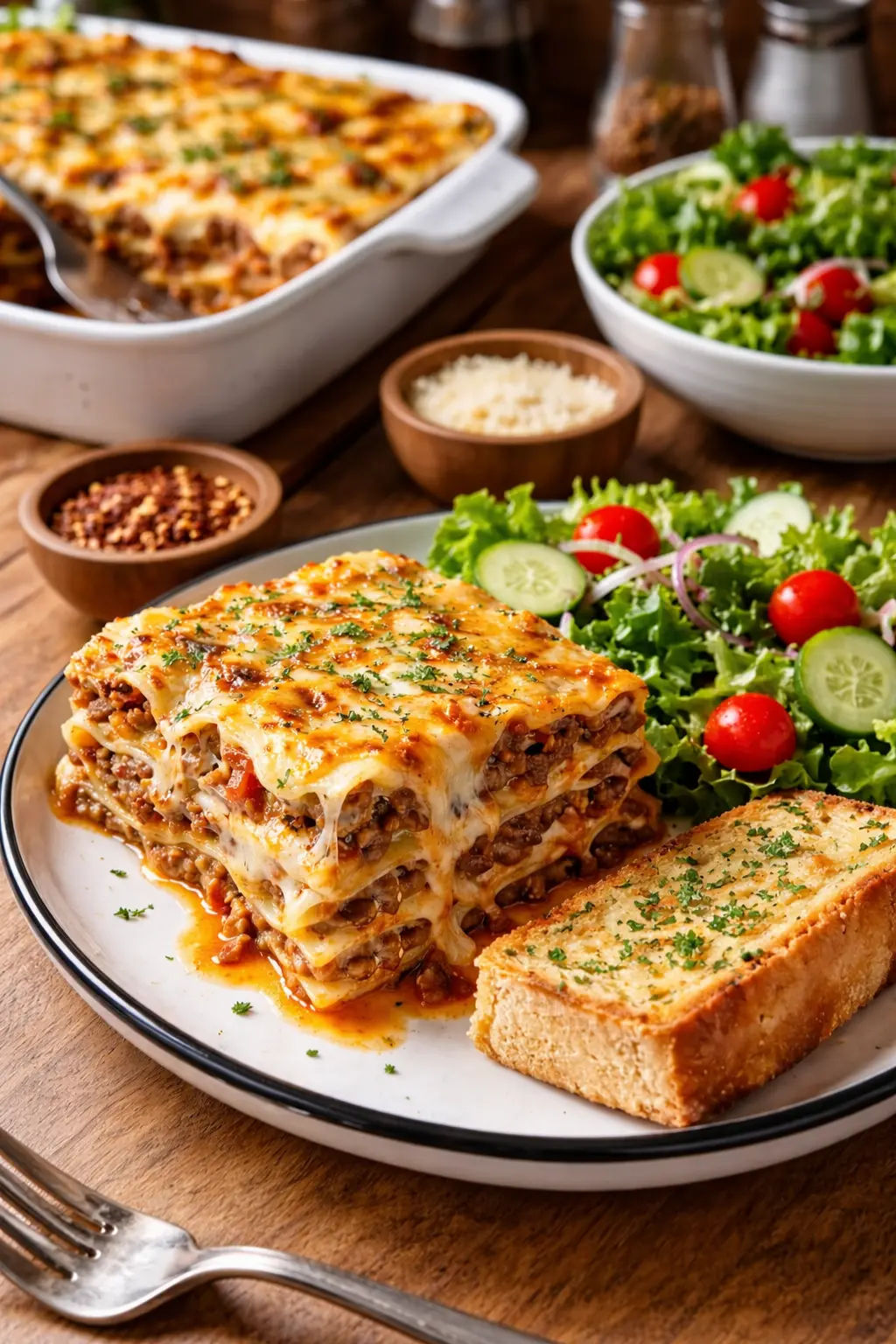Parmesan Garlic Bacon Cheeseburger Lasagna 5 Parmesan garlic bacon cheeseburger lasagna served with salad and garlic bread