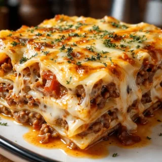 Parmesan Garlic Bacon Cheeseburger Lasagna 14 Parmesan garlic bacon cheeseburger lasagna slice with melted cheese and beef layers