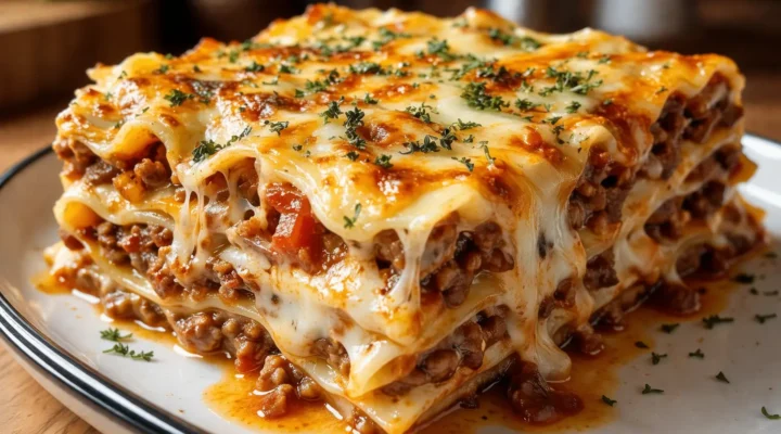 Parmesan Garlic Bacon Cheeseburger Lasagna 7 Parmesan garlic bacon cheeseburger lasagna slice with melted cheese and beef layers