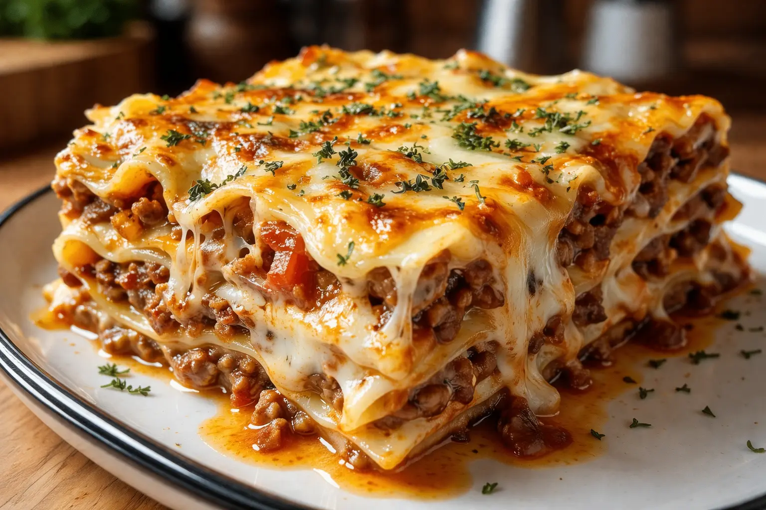 Parmesan Garlic Bacon Cheeseburger Lasagna 2 Parmesan garlic bacon cheeseburger lasagna slice with melted cheese and beef layers